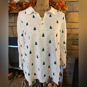 Kim Rogers White Long Sleeve Shirt with Green Tree Pattern
